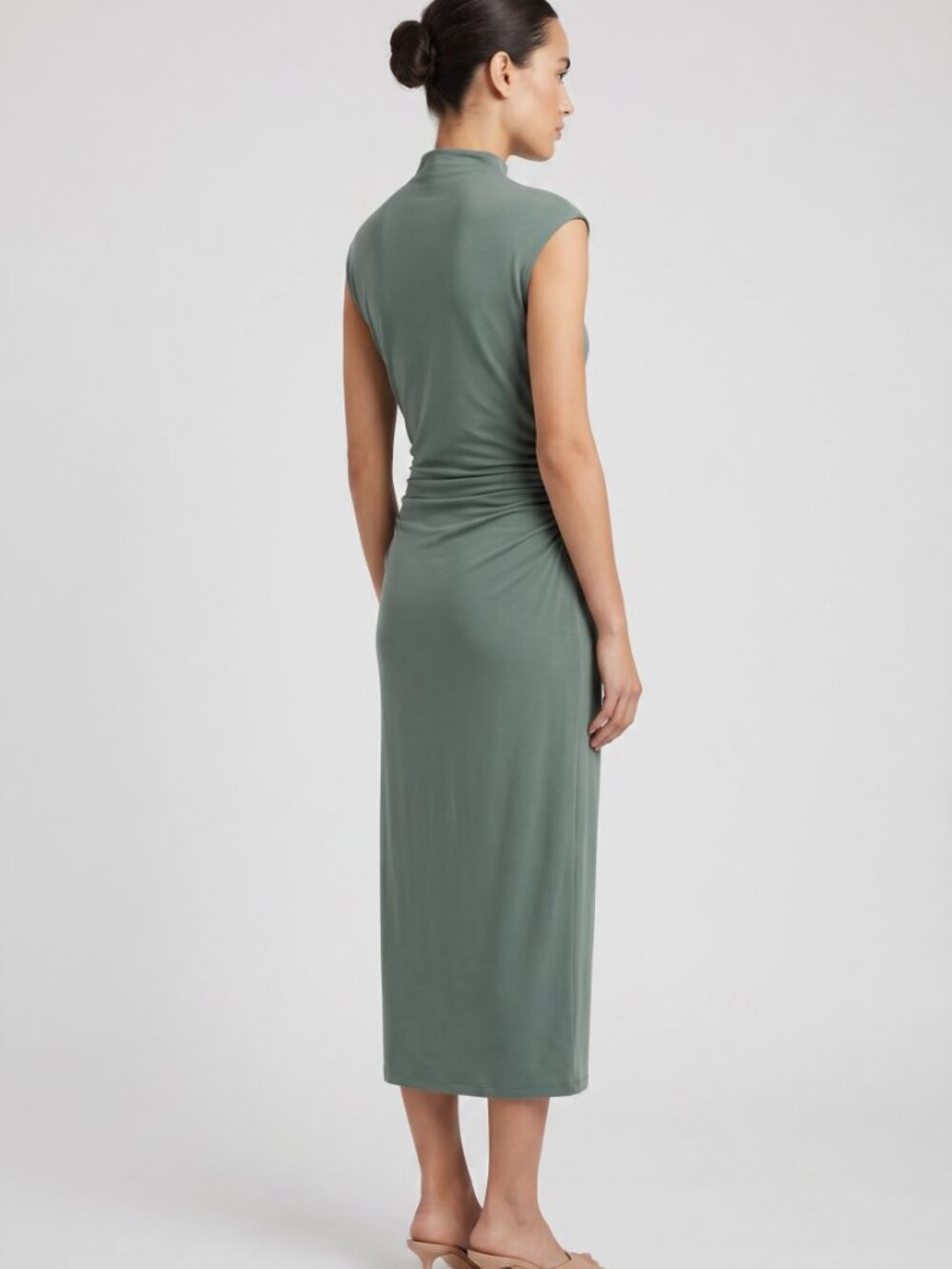 Sage Green Mock Neck Ruched Sleeveless Midi Dress - Picture 2 of 5
